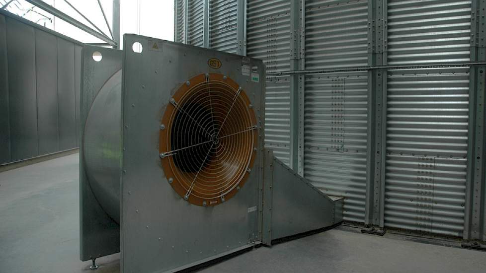 Met grote ventilatoren wordt het nieuw aangevoerde graan in de silo’s belucht.