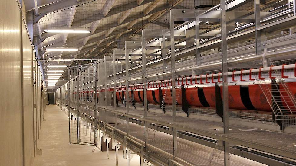 De stal van 96,3 meter lang en 21 meter breed (inclusief uitloop) is ingedeeld in vijf gedeeltes voor ieder 5.000 leghennen. „We hebben nu een contract voor vier rondes afgesloten met onze eierhandelaar. Maar mocht biologisch in de toekomst aantrekkelijke