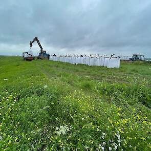 De boeren hopen met zandzakken het hoge water de baas te blijven.