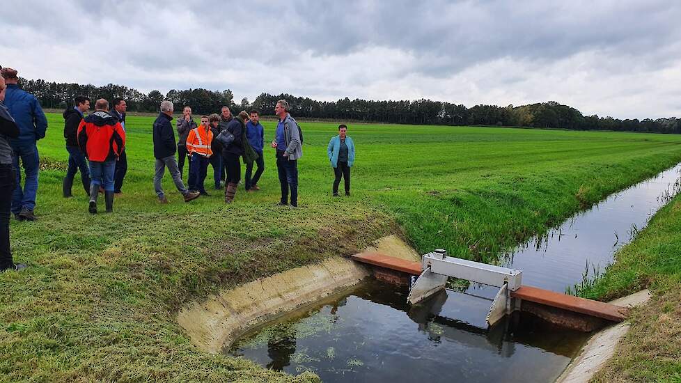 Deelnemende melkveehouders en medewerkers van het waterschap bekijken de nieuw aangelegde stuw.