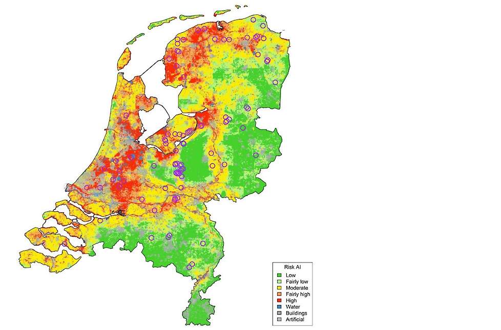 HPAI-besmettingsrisico op pluimveebedrijven in Nederland volgens het best presterende Random Forest model (bron: Rapport 2301353, Voorspellend model voor besmettingsrisico van HPAI-virus bij commerciele pluimveebedrijven in Nederland).