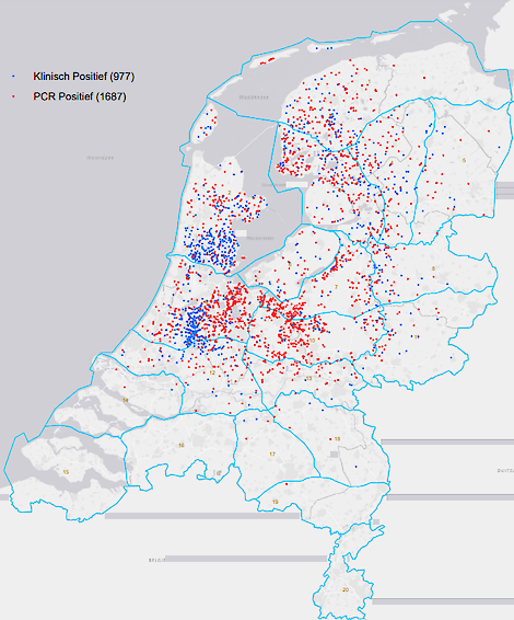 Kaart met de actuele besmettingen op 24-10.